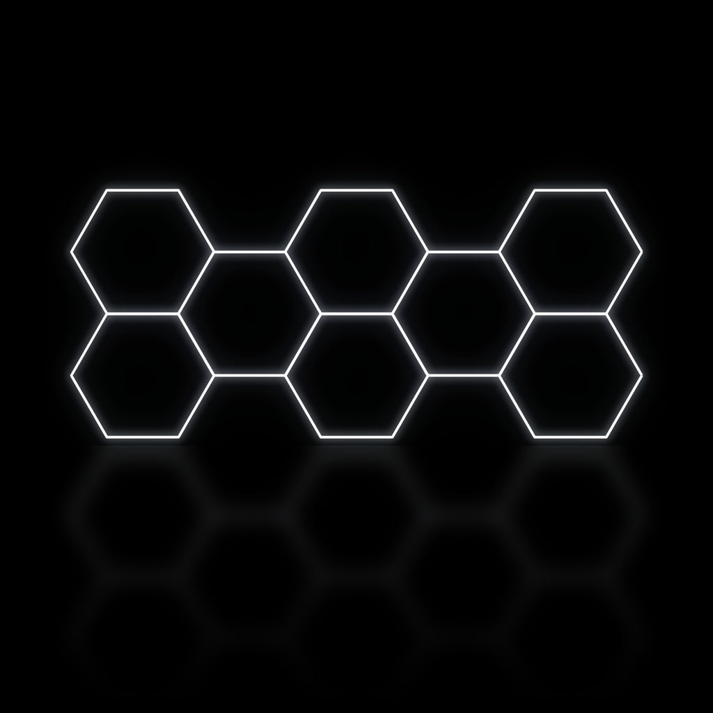 Éclairage LED hexagonal nid d'abeille 8 modules en bande large 3,90 x 1,70 m, blanc dimmable ou 3 couleurs, garage et atelier